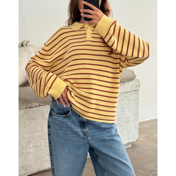 Women's Oversized Striped Knit Polo Sweater Color Block Casual Streetwear - Picture 2 of 5